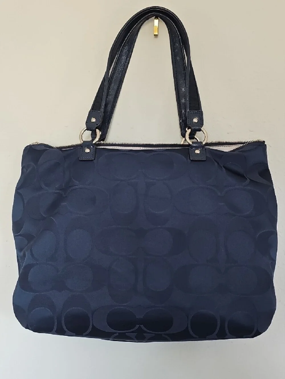 Coach Navy Signature Tote with Heart Charm and Gold Hardware